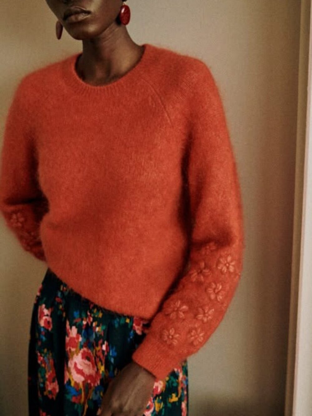 Like New Sezane Melanie Flower Embroidered Mohair Wool Sweater Rust Orange XS